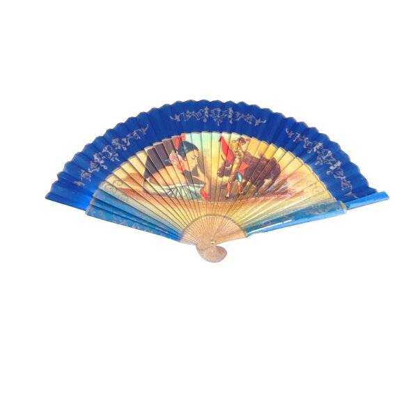 Vintage Handheld Folding Fan Spanish 1960s Flamenco Dancers Scene Blue Retro Fan - Picture 2 of 6